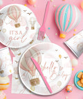 Pink Hot Air Balloon Baby Shower Tableware Set Disposable For Girly Baby Shower Decor Includes Plates Cups Napkins And Cutlery
