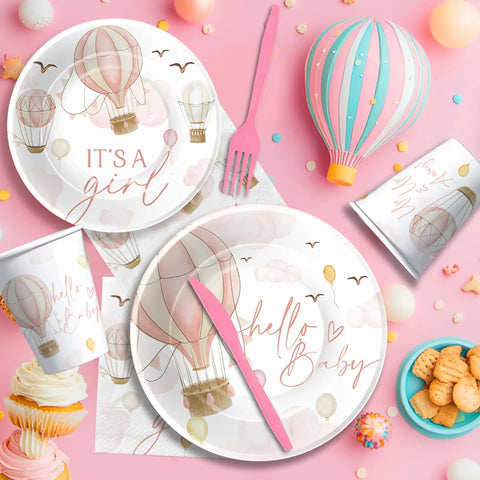 Pink Hot Air Balloon Baby Shower Tableware Set Disposable For Girly Baby Shower Decor Includes Plates Cups Napkins And Cutlery
