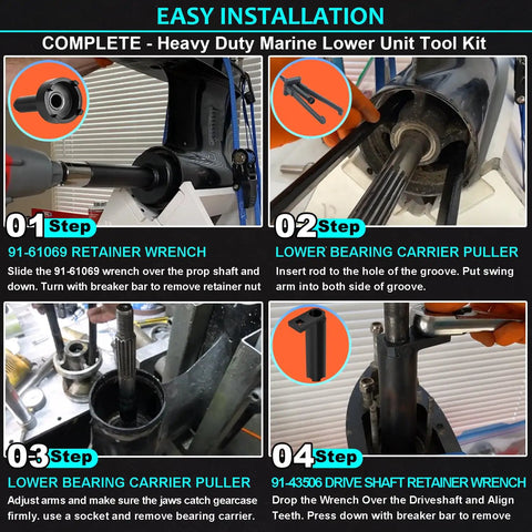 Complete Heavy Duty Marine Lower Unit Repair Kit featuring three tools for servicing outboard lower units.