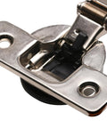 Close-up of nickel hinge from 25 Pack Soft Close Cabinet Hinges With 105 Degree Concealed European Design, One Half Inch Overlay, Screw On