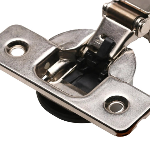 Close-up of nickel hinge from 25 Pack Soft Close Cabinet Hinges With 105 Degree Concealed European Design, One Half Inch Overlay, Screw On