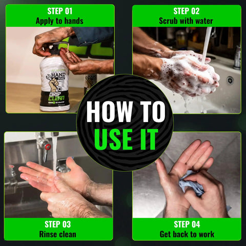 Heavy Duty Hand Cleaner For Mechanics With Pumice And Clay Infused Formula That Kicks Grease Oil And Grime Moisturizing Liquid Hand Soap For Shop Garage And Industrial Use 32 Oz, steps for use - apply, scrub, rinse, dry
