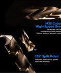 Close-up of Five Sixteenth Inch Cobalt Drill Bit Set Ten Piece M35 HSS illustrating 135° split point design on a dark background.