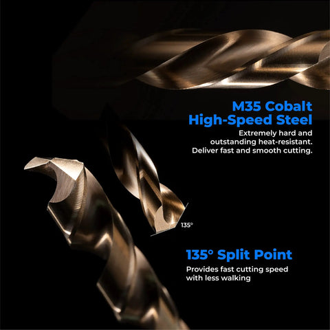 Close-up of Five Sixteenth Inch Cobalt Drill Bit Set Ten Piece M35 HSS illustrating 135° split point design on a dark background.
