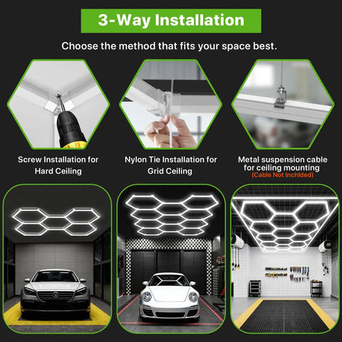 Hexagon LED Garage Light 168W 18480LM 5-Grid Honeycomb Lighting System 6500K Daylight installation methods