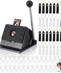 DIY Button Keychain Photo Cutter Kit With 61 Pieces Including 1 Inch Button Cutter 25mm 30 Double Sided Acrylic Frame Keychains And 30 PU Leather Keychains In Black And White Great For Photo Booth Props And Party Favors displayed with components