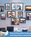 Photo wall with family and landscape frames, printer displaying image, using Glossy Photo Paper 8.5 x 11 Inches, 180gsm 48lb, 36 Sheets.