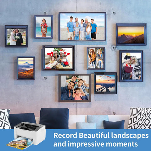 Photo wall with family and landscape frames, printer displaying image, using Glossy Photo Paper 8.5 x 11 Inches, 180gsm 48lb, 36 Sheets.