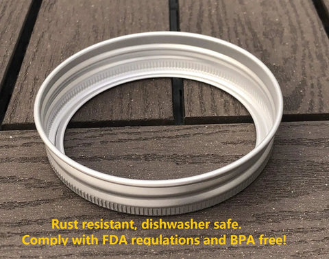 Rust Resistant Silver Aluminum Mason Jar Bands 12 Pack For Wide Mouth Jars on wooden surface, showcasing durable canning ring.