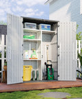 Outdoor Resin Storage Shed With Floor And Metal Shelving Kit 64 Cu Ft Waterproof Vertical Cabinet For Garage Pool Bikes Garden Tools And Patio Furniture Four Door Design White No Fuss Easy Access filled with tools and containers.