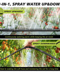Flat Soaker Hose With Holes 50 Ft For Lawn And Garden Watering displaying upward and downward spray functions in garden setting.