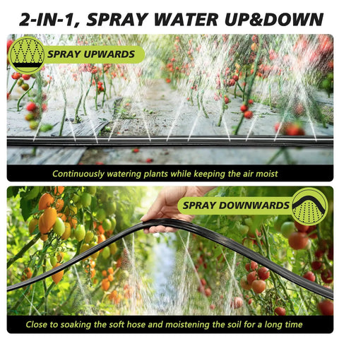 Flat Soaker Hose With Holes 50 Ft For Lawn And Garden Watering displaying upward and downward spray functions in garden setting.