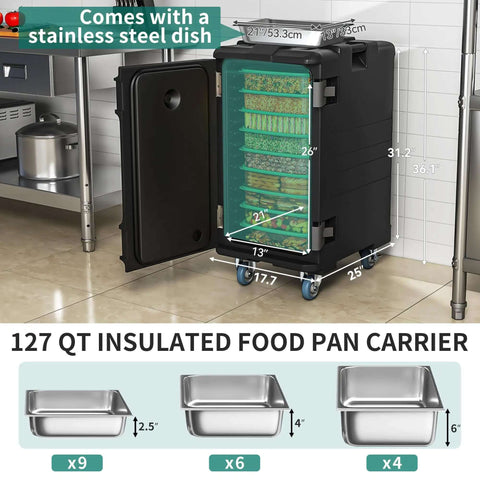 Insulated Food Pan Carrier 127 Quart LLDPE Hot Box For Catering With Stainless Steel Pans And Swivel Casters