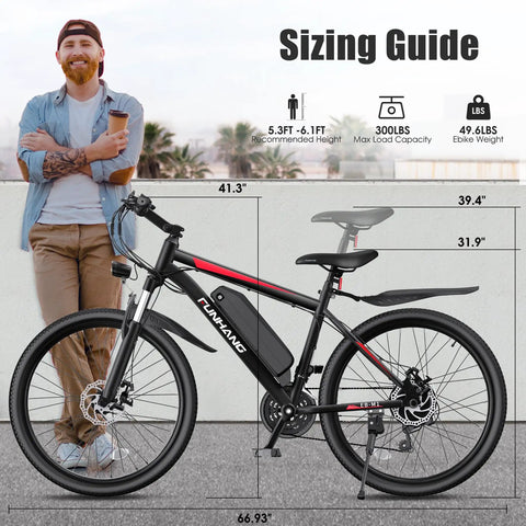 Trail-Ready 1000W Peak Electric Mountain Bike For Adults, 50 Mile Range, 20 MPH Max Speed, 26 Inch Wheels, 48V Removable Battery, Front Suspension, Fenders, 7 Speed, UL 2849 Certified size guide with rider