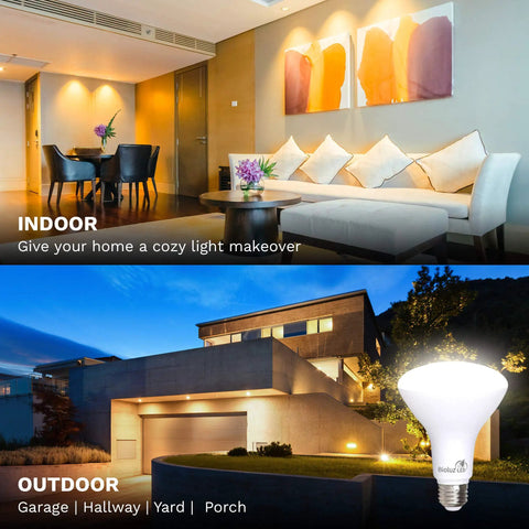 Living room and exterior house with 8 Pack BR30 LED Flood Light Bulbs 90 Plus CRI 850 Lumens 9.5W 2700K Warm White, E26 Base.
