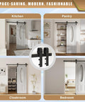 Heavy Duty Sliding Barn Door Hardware Kit With Upgraded Two Point Screw Fixation Modular Track System For A Single Door 30 To 36 Inches Quiet Smooth Sliding Easy To Install shown in various room setups.