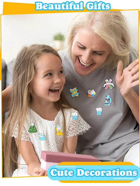 40 Piece Science Enamel Pins Set For Backpacks And Bags on smiling woman and child, featuring science-themed designs and cute decorations.