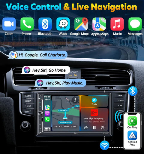 Dope 7 Inch Wireless Double Din Car Stereo with Apple CarPlay and Android Auto displaying live navigation and voice control