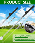 Six Pack Retractable Golf Swing Trainer Set With Click Feedback displayed with size measurements on a golf course background.