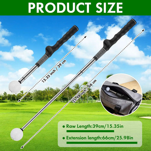 Six Pack Retractable Golf Swing Trainer Set With Click Feedback displayed with size measurements on a golf course background.