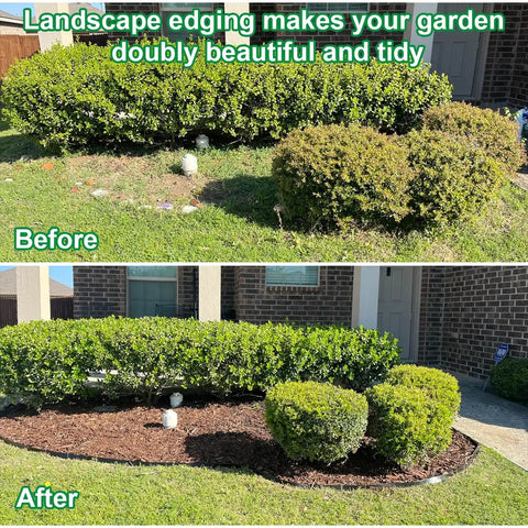 Durable Flexible Landscape Edging Border Kit 49 Feet Long 3 Inch High With 75 Metal Stakes HDPE Garden Fence Edge before and after install