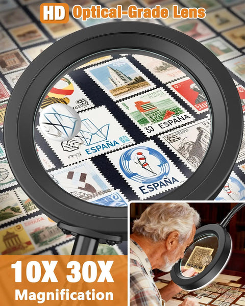 Pro Grade LED Magnifier With Light And Flexible Gooseneck 30x 10x Dual Zoom Five Color Modes Stepless Dimmable Brightness Optical HD Lens Hands Free Loupe For Close Work Craft Hobby Painting Jewelry Making showing a close-up of postage stamps.