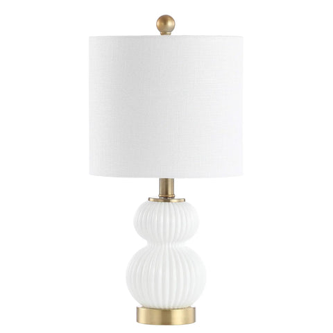 Ribbed Gourd Glass Table Lamp In White And Brass Gold Dope Modern Bedside Light With White Linen Drum Shade 20 Inch Tall LED Bulb Included Perfect For Bedroom Or Living Room