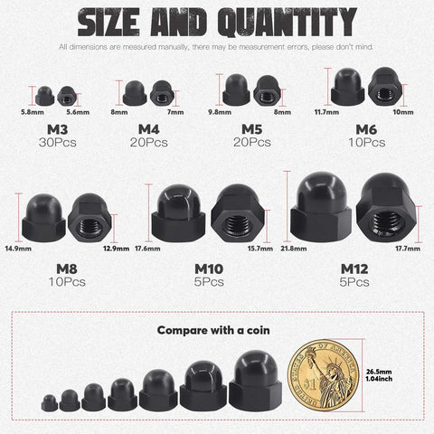 Black Nylon Acorn Nuts Assortment Kit 7 Sizes 100 Pcs Inner Threaded Dome Cap Nuts M3 M12 size chart with coin comparison