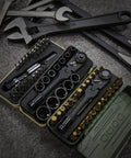 Open boxes of Torx Bit Set 77-Piece with 2 in 1 ratchet magnetic bit holder, showing sockets and bits on a textured surface.