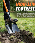 Person using Beastly Heavy Duty Steel Digging Shovel with Fiberglass Handle, 56 Inch Long, Large Blade on soil.