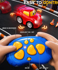 Twin Remote Control Cars For Toddlers 2 Pack Blue Truck And Red Race Car 2.4 GHz shown with easy-to-use blue remote control.