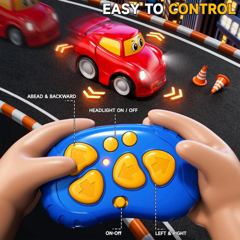 Twin Remote Control Cars For Toddlers 2 Pack Blue Truck And Red Race Car 2.4 GHz shown with easy-to-use blue remote control.