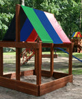 All Weather Swing Set Canopy Replacement Top With 210D Oxford Fabric UV Shield, Windproof Screw Kit, shown over a sandbox in a backyard.