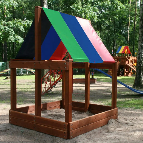 All Weather Swing Set Canopy Replacement Top With 210D Oxford Fabric UV Shield, Windproof Screw Kit, shown over a sandbox in a backyard.