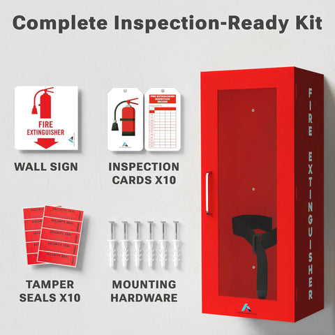 Red Steel Fire Extinguisher Cabinet With Quick Access Magnetic Door Wall Mount Kit Includes 3D Sign Tags Seals Turnkey Ready