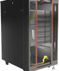 Heavy Duty 27U Floor Standing Server Rack Featuring 39 Inch Depth Locking Glass Door Built In Cooling Fans with visible fans and networking gear.