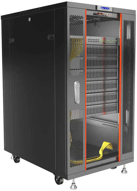 Heavy Duty 27U Floor Standing Server Rack Featuring 39 Inch Depth Locking Glass Door Built In Cooling Fans with visible fans and networking gear.