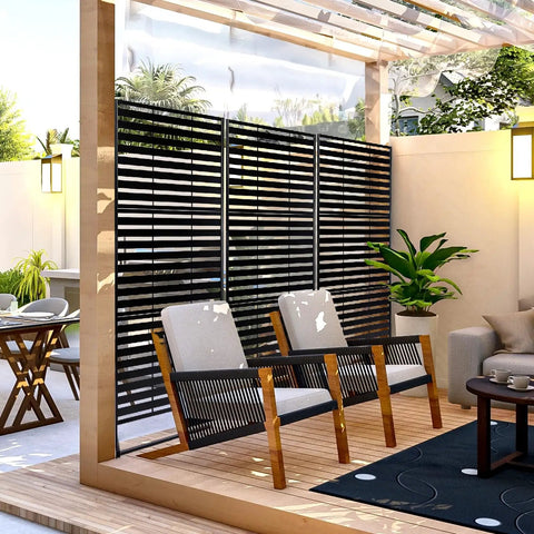 Metal Outdoor Privacy Screen 72 Inch By 49 Inch Freestanding Privacy Fence Panels Decor for patio with chairs and table
