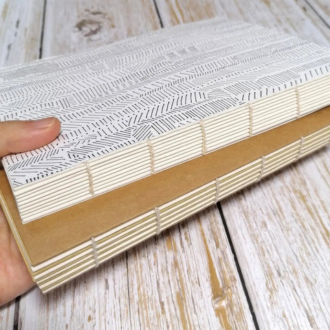 Person holding a book with visible stitches, using Linen Thread For Bookbinding And Sewing Signatures, Archival Quality, Unwaxed And Unbleached White, 50 Yards, 35 By 3 Gauge