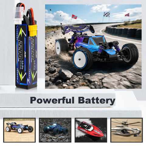 3S 11.1V 2200mAh LiPo Battery with XT60 Connector for RC Cars, Trucks, and Buggy in racing scene with powerful performance.