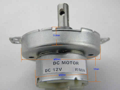Front view of 12V DC Gearbox Motor JS-50 with 10 RPM CW CCW, M4 Thread Shaft, showcasing 7mm shaft diameter and iron shell.
