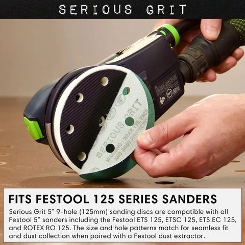 Pro Grade Heavy Duty 5 Inch 9 Hole Sanding Discs Set With 80 120 150 180 220 Grits, Ten Of Each, Hook And Loop Film Discs For Festool 125 Series Random Orbital Sanders, 50 Pack Box shown attached to sander