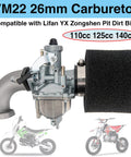 VM22 26mm carburetor with air filter intake for 110cc 125cc 140cc dirt bikes including Lifan YX Zongshen models.