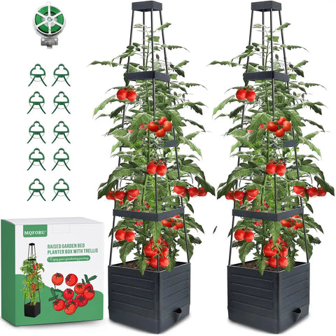Raised Garden Bed Tomato Planter With Trellis, Self Watering System, 57 Inch Tomato Cages, two-pack with accessories and box
