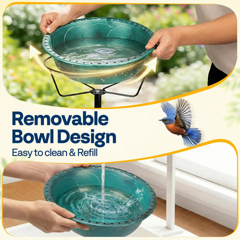 Outdoor Bird Bath With Ground Stake, Weather Resistant ABS Bowl, 13 Inch Diameter, 1.45 Gallon Capacity, Green Finish showcased
