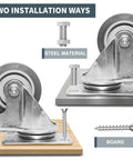 ZDNEY 3-inch rubber caster wheels with brakes; set of 4 (2 swivel, 2 rigid) on metal plate, shown installed on wood and metal surfaces