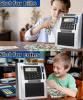 Kids using Talking ATM Piggy Bank For Kids With Dual Debit Cards, Auto Opening Drawer, Real Money Bill Feeder, Coin Recognition.