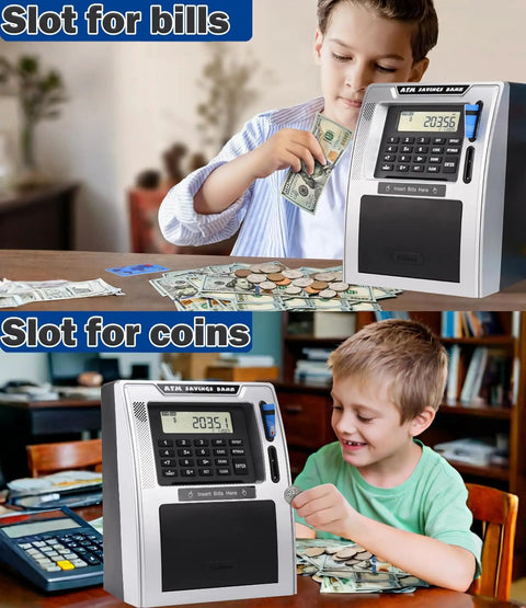 Kids using Talking ATM Piggy Bank For Kids With Dual Debit Cards, Auto Opening Drawer, Real Money Bill Feeder, Coin Recognition.