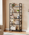Heavy Duty Five Tier Bookshelf With Thick Wood Panels And Steel Frame Modern Tall Narrow Bookcase showcasing books and decor in a living room.