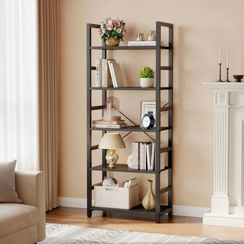 Heavy Duty Five Tier Bookshelf With Thick Wood Panels And Steel Frame Modern Tall Narrow Bookcase showcasing books and decor in a living room.